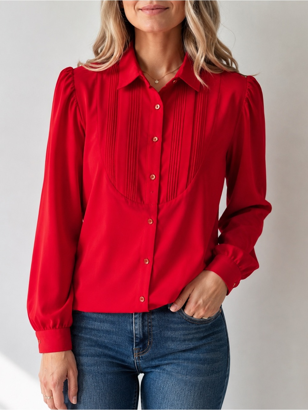Vintage KANGA Red Blouse Women’s Size 12 Pleated Front Long Sleeve Button Up